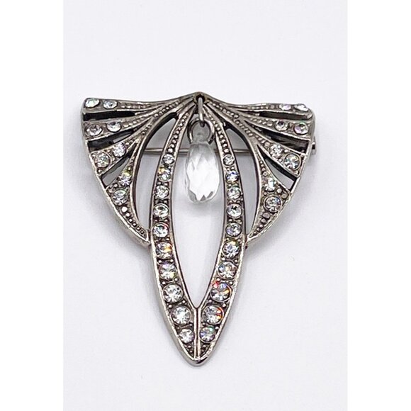 Gatsby Style Art Deco Rhinestone Brooch Fan Design Dangle Silvertone Pin - Picture 1 of 4